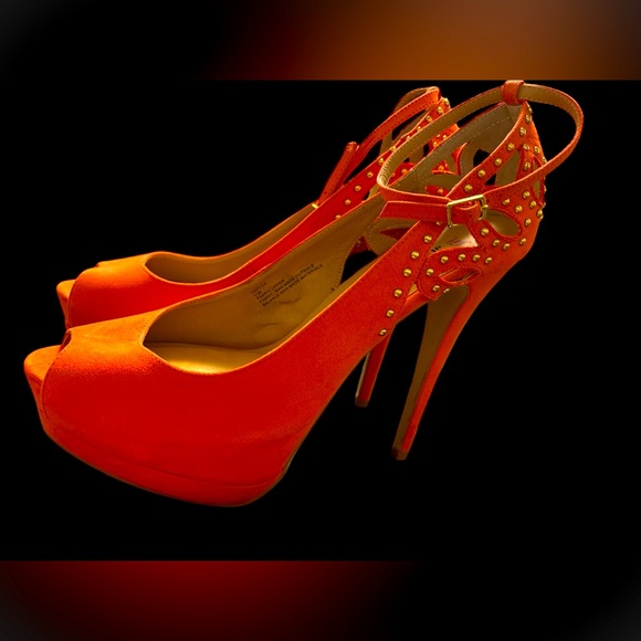 Coral Orange Peep Toe Heels - Picture 1 of 8